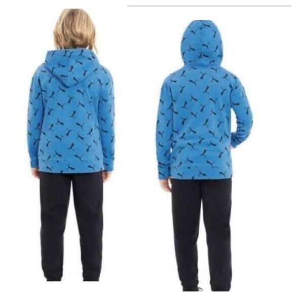 PUMA 🎉HPX4 🎉Youth S L (14-16) French Terry All-Over-Logo Hoodie/Blue/Unisex/NWT - Picture 2 of 15